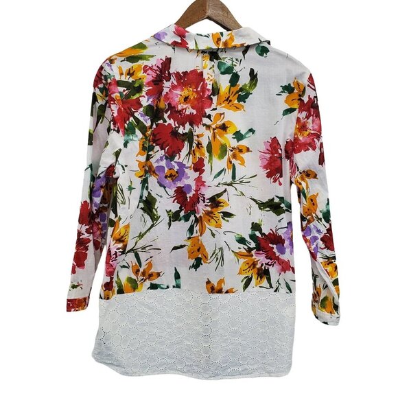 AVEC Womens Button Up Floral Eyelet Blouse Top Size L Multicolor 3/4 Sleeve - Picture 4 of 14